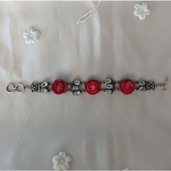 VINTAGE 925 Silver Bracelet with 10 TOPAZ and 3 Red Roses Toggle Closure - Picture 13 of 13